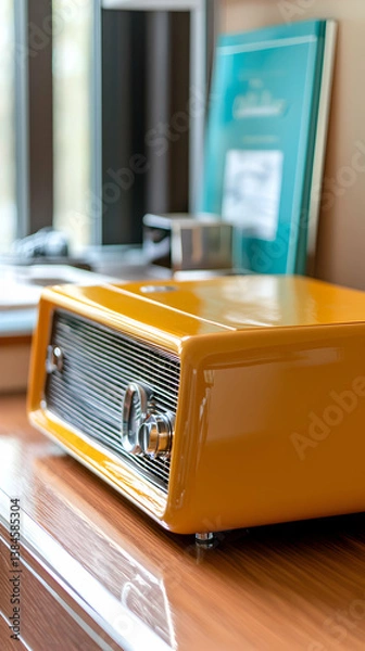 Obraz Yellow Vintage Radio on Wooden Table