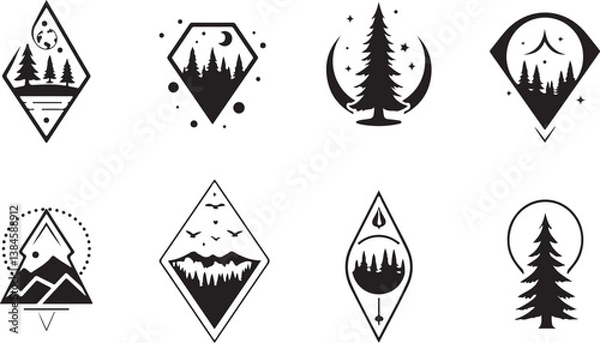 Fototapeta geometric mountain and tree silhouette design,