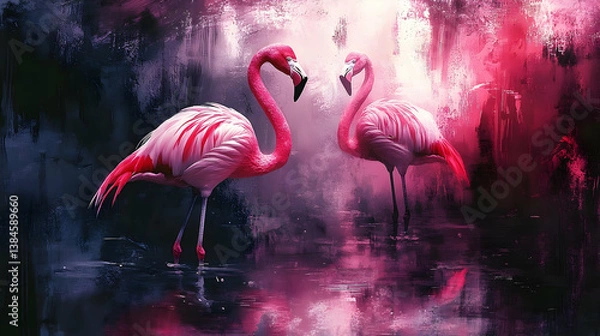 Obraz Two pink flamingos standing together in a serene artistic representation