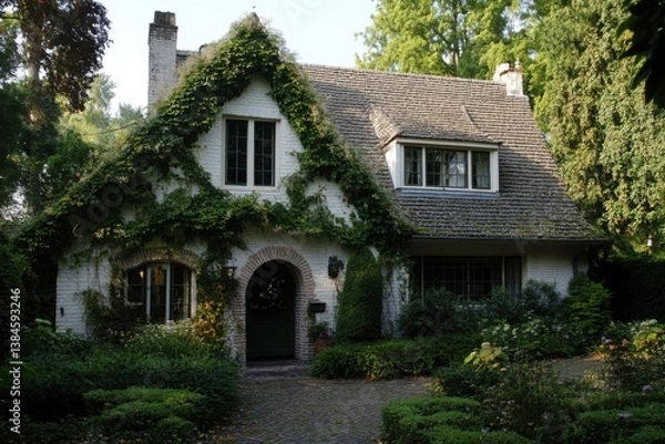 Fototapeta Nestled in a tranquil neighborhood, this enchanting cottage, adorned with charming ivy, is embraced by vibrant greenery on a delightful sunny afternoon