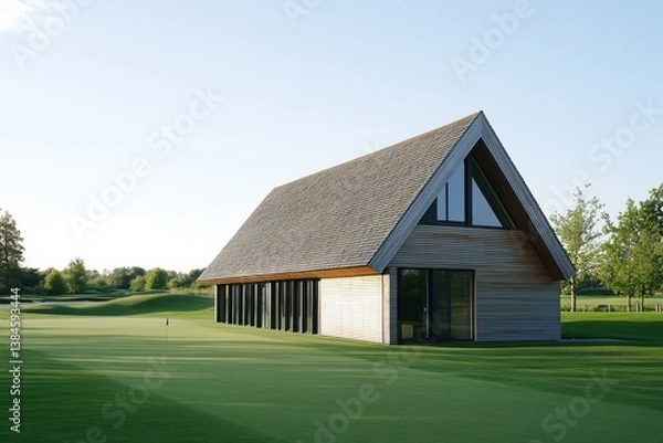 Fototapeta Modern wooden house with large windows situated on a green golf course under a clear blue sky in a serene landscape during the daytime