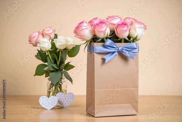 Fototapeta brown paper bag with pink roses and two hearts on a table