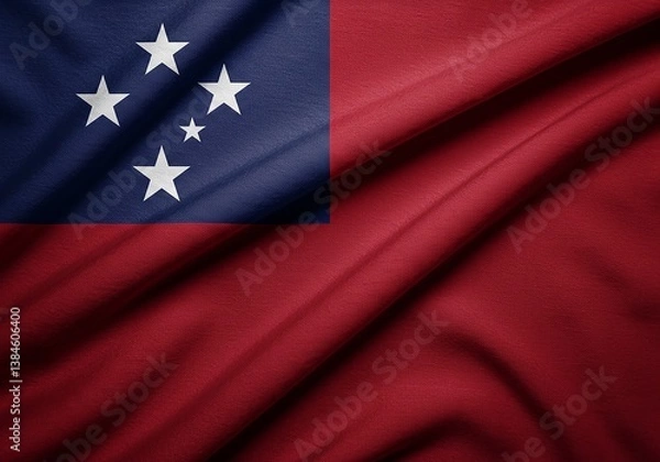 Fototapeta Samoan Flag on Silk Fabric National Symbol, Country Representation, Patriotic Display, Close-up.