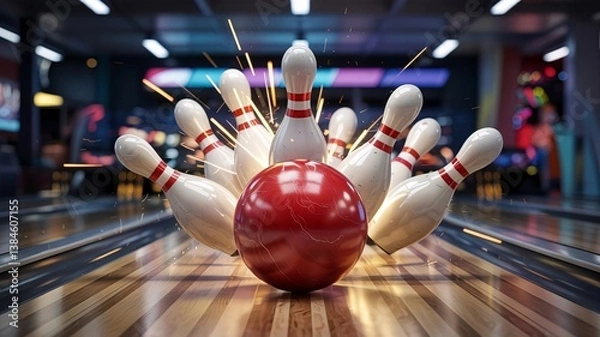 Fototapeta Bowling pins scattering after a strike, showcasing vibrant sparks and the polished wooden lanes.