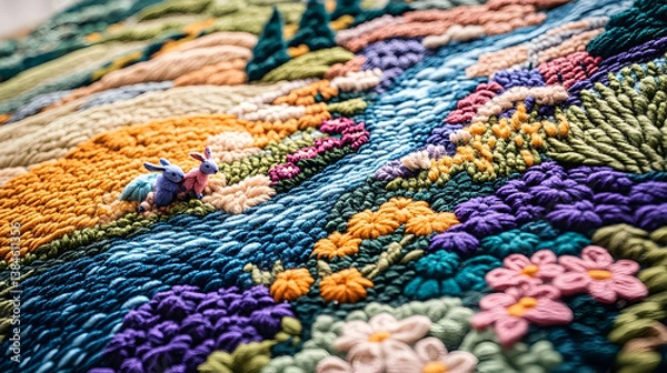 Fototapeta A colorful textile showing rabbits in a whimsical landscape scene