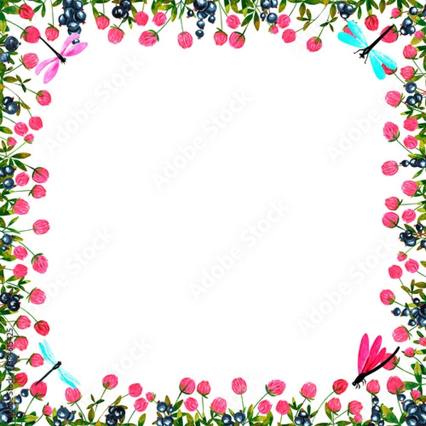 Obraz Square frame with clover and black currant, dragonflies, butterflies, bumblebees, bees. Hand drawn watercolor flowers and berries. Design for paper, background, menu, poster, textile, wallpaper