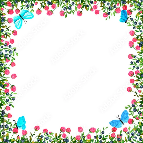 Fototapeta Set of square frames made of watercolor clover flowers and blueberries. Clip art, design element.