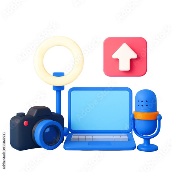 Fototapeta Colorful 3D icon illustration featuring a camera, laptop, microphone, and ring light on a transparent background for content creation