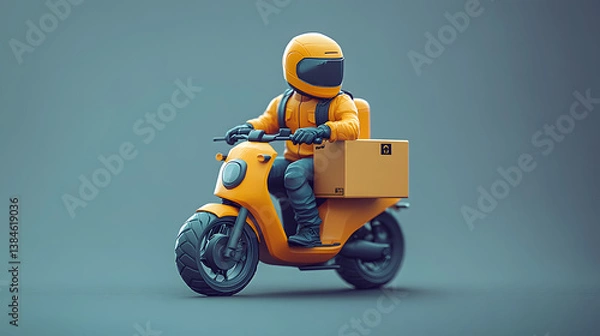 Fototapeta 3D icon of an orange food delivery person on a motorcycle, representing fast and efficient service in food delivery.
