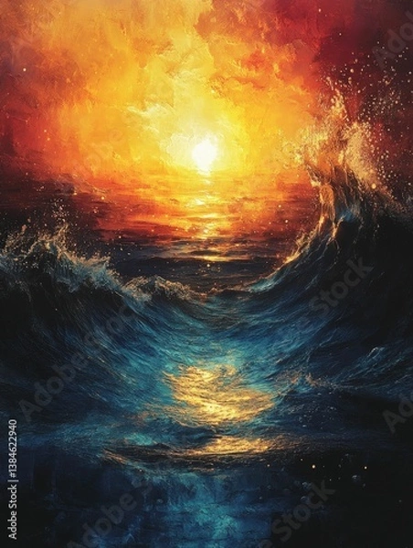 Obraz Fiery sunset over restless ocean waves.