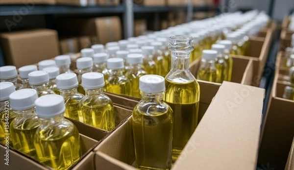 Fototapeta Neatly organized olive oil bottles in cardboard boxes ready for distribution. Warehouse setting shows stacked boxes, efficient logistic, inventory management.