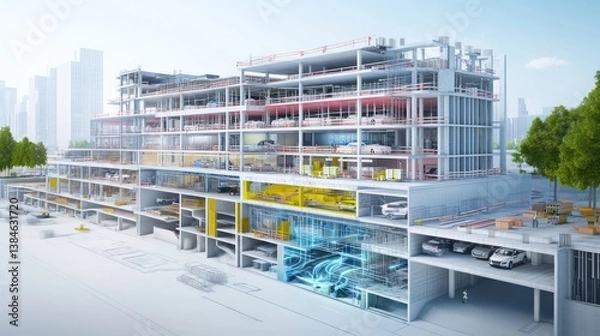Fototapeta A cross-section of a smart city block under construction, showcasing underground parking, integrated energy grids, and stormwater drainage channels, ultra-sharp