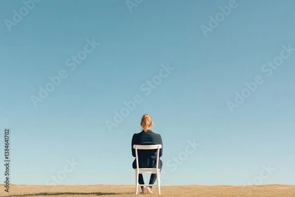 Obraz person sitting on white chair in open field lost in thought with clear sky and ample copy space
