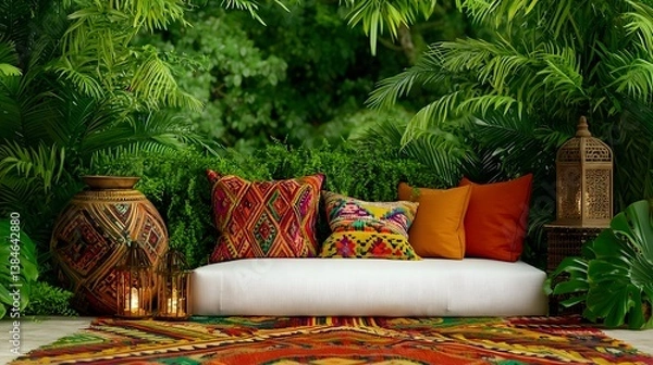 Fototapeta Relaxing outdoor lounge with colorful cushions lush garden photo natural setting inviting atmosphere