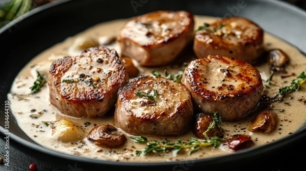 Obraz Delicious Pork Medallions in Creamy Mushroom Sauce Gourmet Food