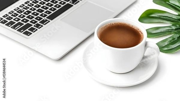 Fototapeta Enjoying coffee while working on laptop home office beverage photography minimalist environment close-up view productivity concept