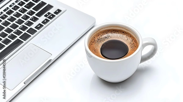 Fototapeta Sipping coffee while working on laptop home office still life minimalist close-up productivity