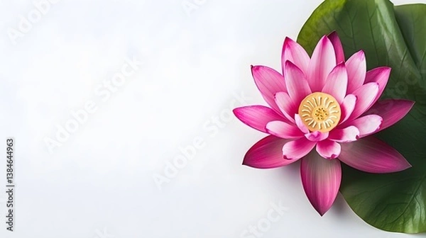 Fototapeta Elegant pink lotus flower on green leaf nature still life calm environment close-up photography