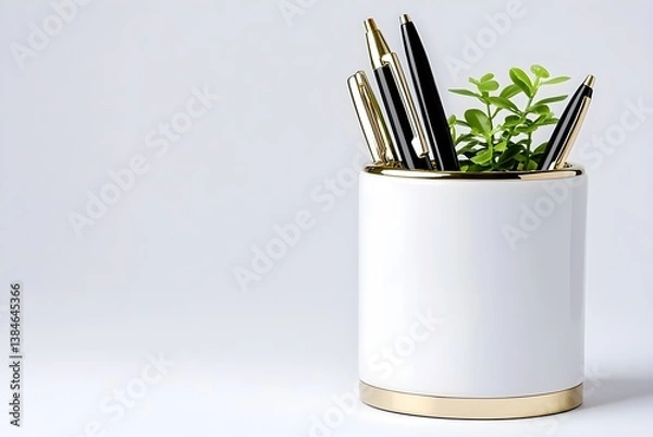 Fototapeta Elegant desk organizer with green plant and pens modern office setup minimalist design indoor environment close-up view