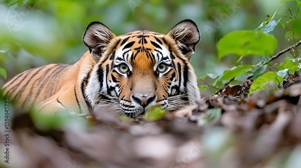 Fototapeta Intense tiger stalking prey dense jungle wildlife photography natural habitat close-up view predator behavior