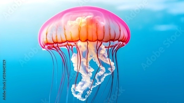 Fototapeta Underwater jellyfish swimming gracefully in the ocean marine life photography blue water environment close-up perspective