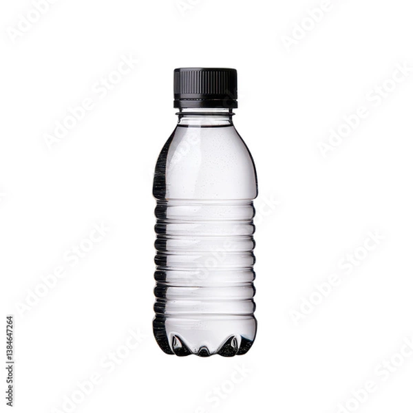 Fototapeta Clear plastic water bottle with black cap, isolated on white background isolated against a transparent background.