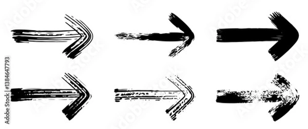 Fototapeta Set of vector brush strokes with arrows on white background. Rough, artistic strokes. Paint splatter effect. Stripes with arrows in grunge style. Japanese style brush strokes arrow with grunge texture