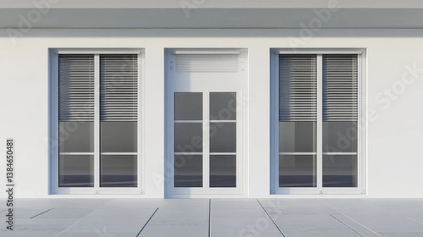 Fototapeta Plastic window and door with roller shutter isolated vector mockup. Realistic white windows and doors with metal rolling blinds, glass panels and PVC frame profiles, 3d design of architecture elements