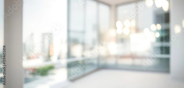 Fototapeta Bright and spacious office space in an unfocused view. Modern blurred background photo for banner, poster or magazine and website background.