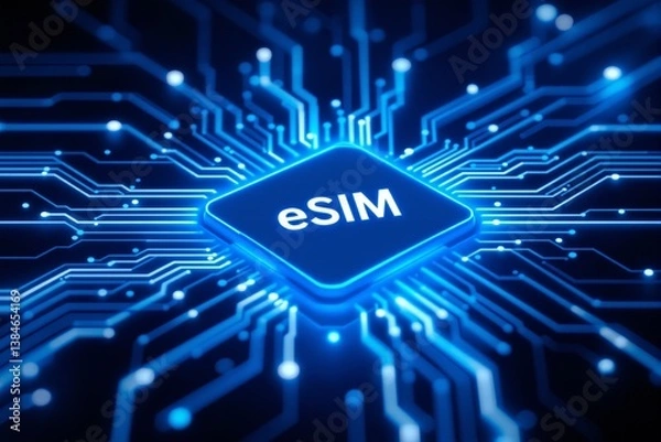 Obraz Futuristic eSIM technology concept with glowing circuit board connections.
