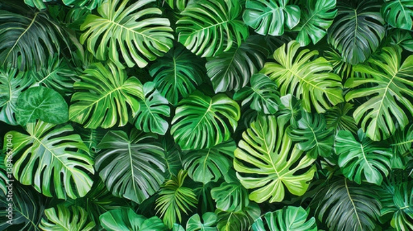 Fototapeta Summer pattern background with Lush green tropical leaves create vibrant summer pattern