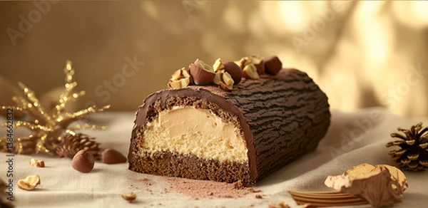 Fototapeta Chocolate Yule Log Cake with Nuts