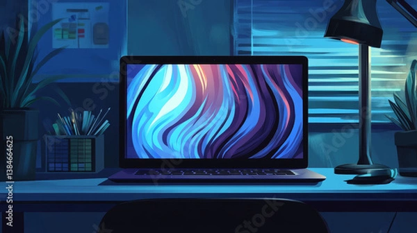 Obraz Laptop on desk with abstract liquid flow fluid background on screen. Multimedia gaming laptop vector front view. Vector template laptop mockup. Electronic device advertisement. Screen computer matrix.