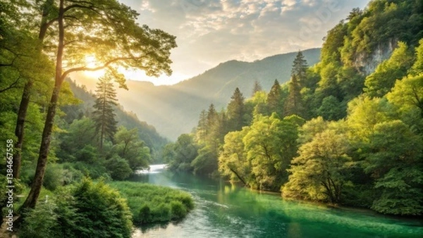 Fototapeta A serene landscape featuring lush green trees, a calm river, and sunlight filtering through the mountains, creating a tranquil atmosphere.