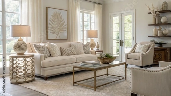 Fototapeta A cozy and elegantly designed living room featuring neutral tones, stylish furniture, and decorative elements that create a warm, inviting atmosphere.