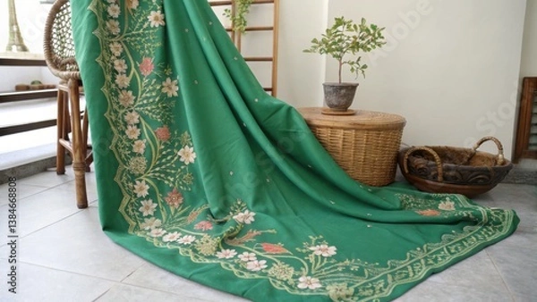 Fototapeta A vibrant green fabric with intricate floral embroidery, elegantly draped beside woven baskets, creating a serene and stylish indoor atmosphere.