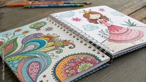 Fototapeta A colorful sketchbook open to vibrant illustrations of whimsical designs and a girl in a pink dress, surrounded by artistic elements and coloring tools.