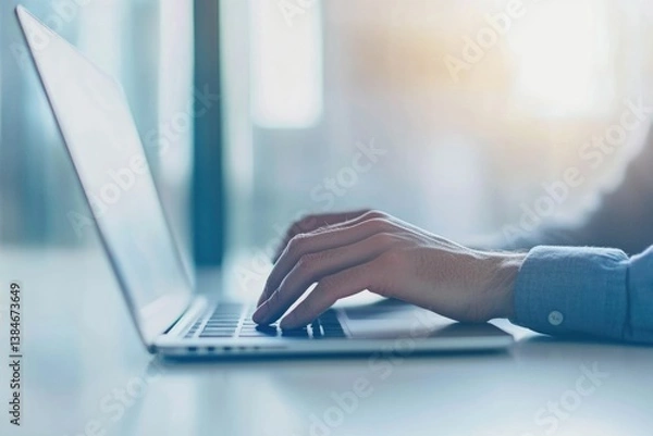 Fototapeta Close-up of hands typing on a laptop keyboard, showcasing modern workplace technology.