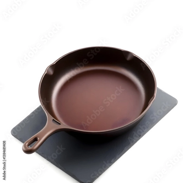 Fototapeta Empty cast iron frying pan resting on slate trivet on white background