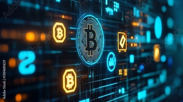 Fototapeta Abstract glowing bitcoin cryptocurrency network concept on dark background
