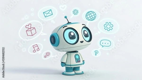Fototapeta Futuristic robot thinking, digital holograms glowing around it.