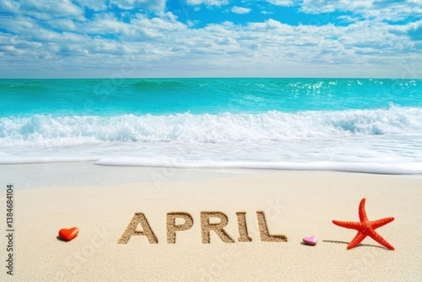 Fototapeta A serene beach scene with the word "april" written in the sand against turquoise ocean waves and scattered starfish