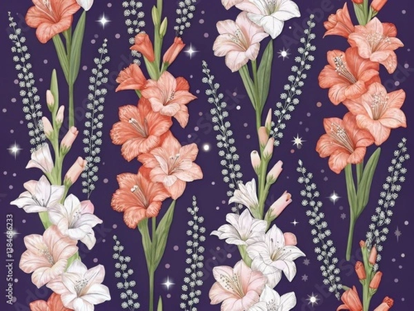 Fototapeta A beautiful, seamless floral pattern featuring vibrant orange-pink gladiolus flowers and delicate white wildflowers against a dark purple night sky backdrop.