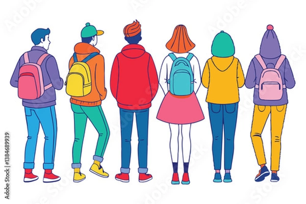 Fototapeta Diverse Group of People Rear View with Colorful Backpacks on White Background