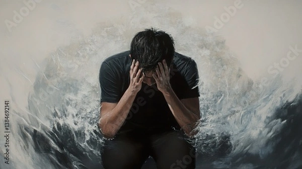 Fototapeta Overwhelmed: A Man's Struggle with Inner Turmoil
