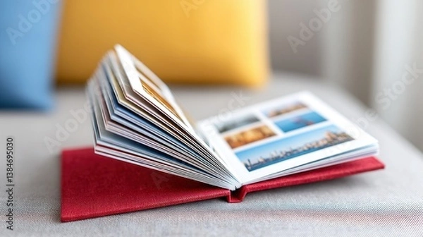 Fototapeta A colorful photo album is open, displaying various images, with a cozy background featuring soft pillows.