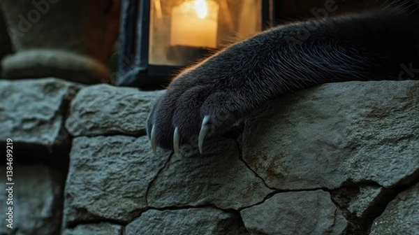 Obraz A black cat's paw clutching the edge of a cracked stone wall, its claws gleaming slightly under the flickering light of a distant lantern. The worn-out texture of the stone adds depth.