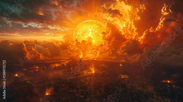 Fototapeta Meteorite Explosion Over Futuristic City at Dusk, Sci-Fi Digital Art, Apocalyptic Sky, Intense Atmospheric Effects, Vibrant Colors and Dark Underlying Tones, Dramatic Scene in an Urban Setting
