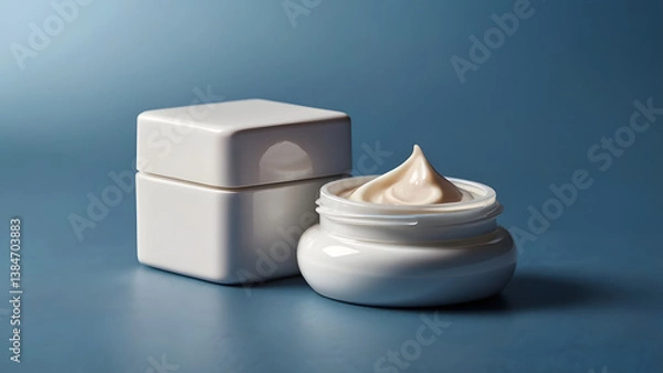 Fototapeta Two white glossy cream jars one square the other round, open with cream inside on a blue background