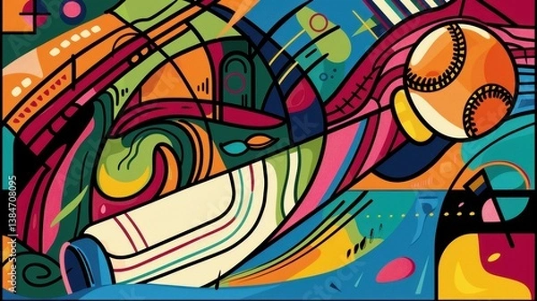 Fototapeta Vibrant Abstract Baseball Art with Bright Colors and Curved Shapes